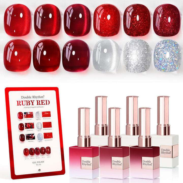 Double Rhythm front packaging showing six identical burgundy gel bottles and benefit of consistent color