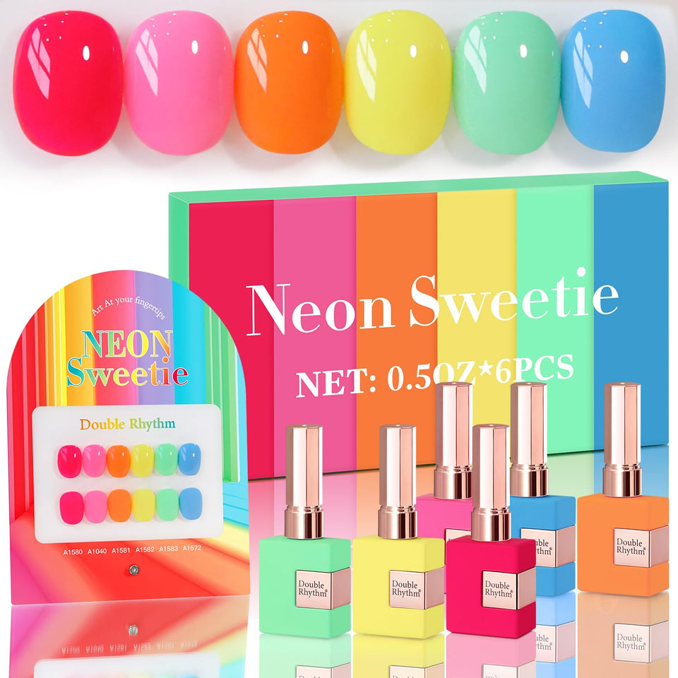 Double Rhythm front packaging showing six pastel gel bottles and benefits of variety