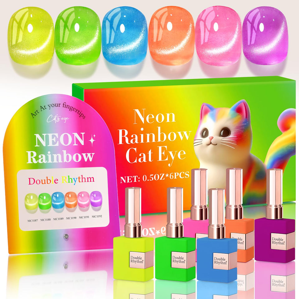 Double Rhythm front packaging showing six 0.5oz bottles and neon shimmer benefits