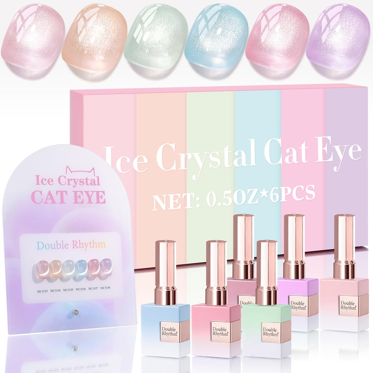 Double Rhythm front packaging showing six identical shimmer bottles and swatches for consistent refills