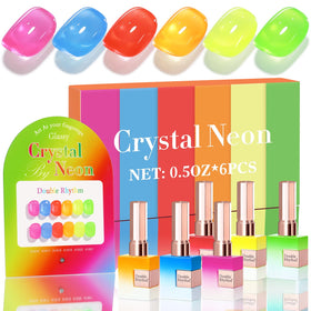 Double Rhythm front packaging showing six same-color gel bottles and bold neon shade benefit