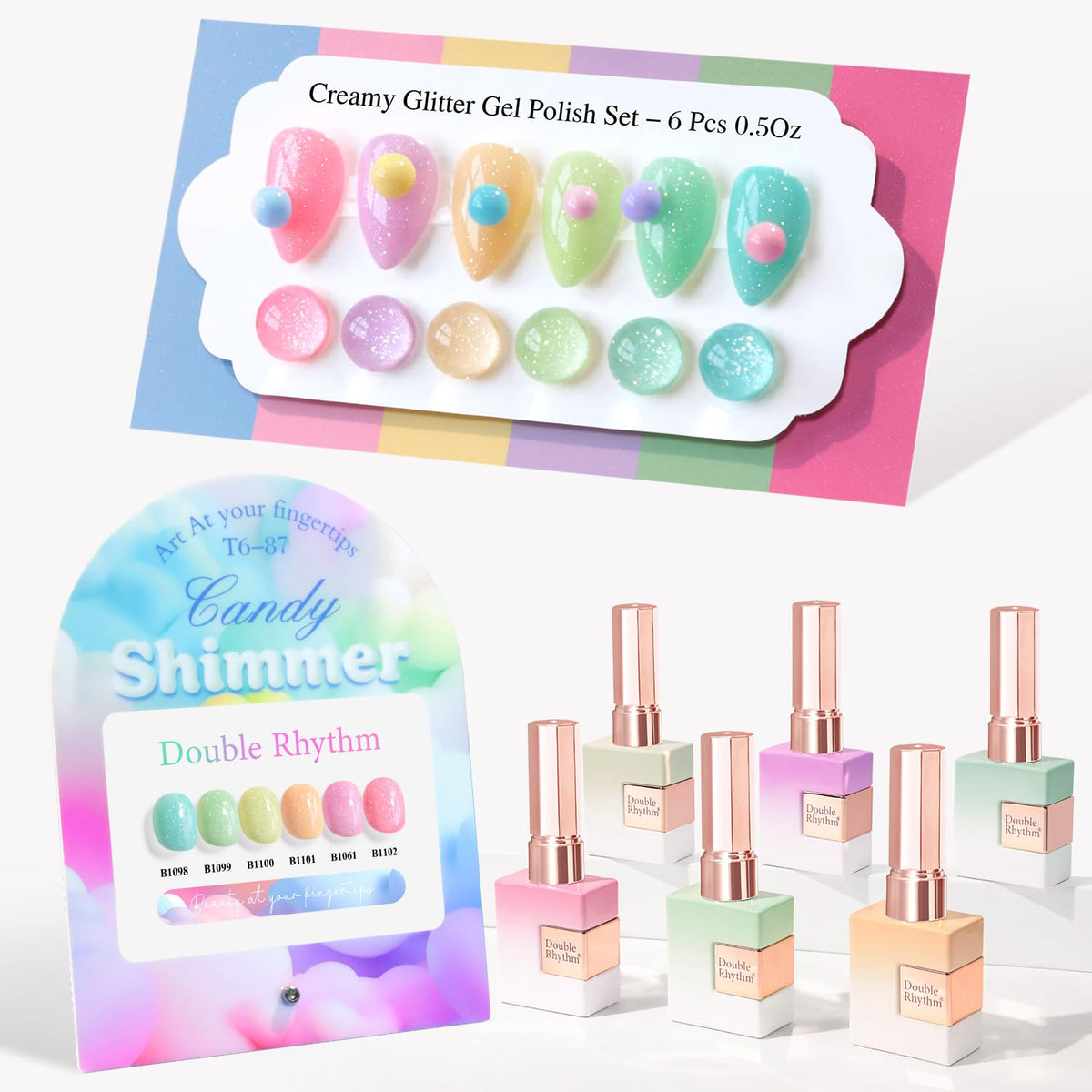 Double Rhythm front packaging showing six 15ml shimmer gel bottles and benefits