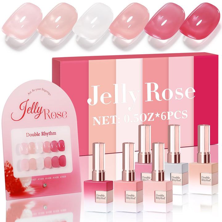 Double Rhythm front packaging showing six identical 15ml gel polish bottles and benefits