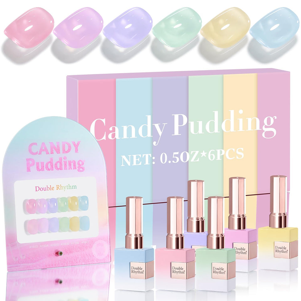 Double Rhythm front packaging showing six jelly gel polish bottles, clear branding and color preview