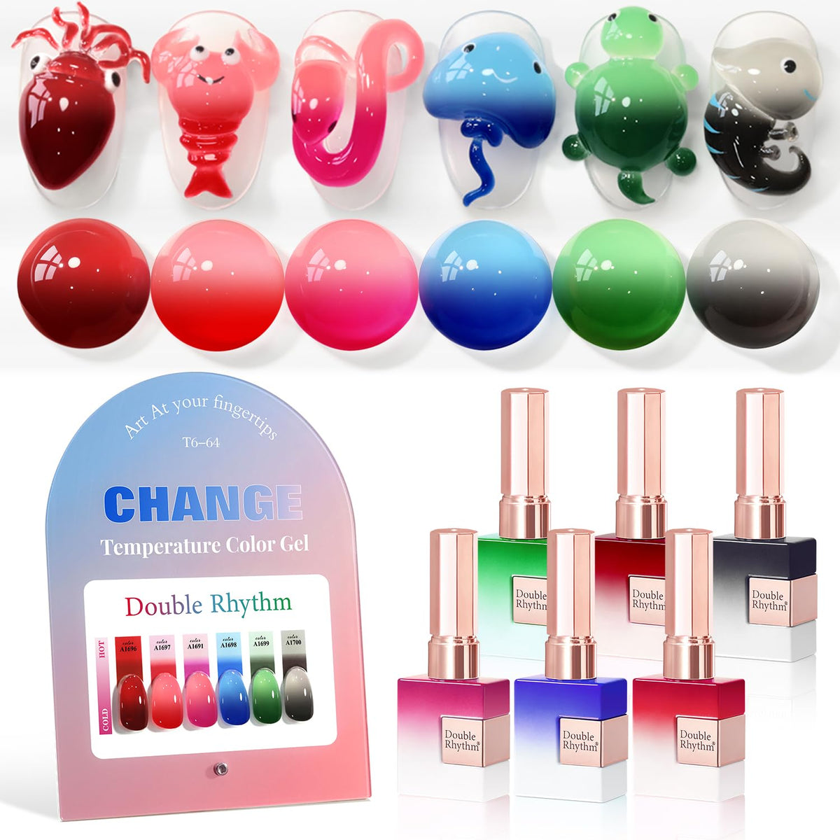 Double Rhythm front packaging showing six 15ml gel polish bottles and benefits