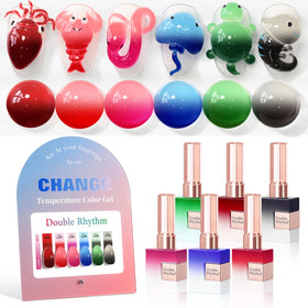 Double Rhythm front packaging showing six 15ml gel polish bottles and benefits