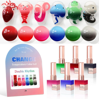 Double Rhythm front packaging showing six 15ml gel polish bottles and benefits