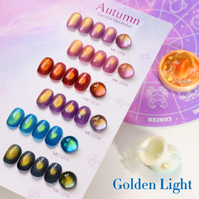 Double Rhythm finished nails on model showing glossy autumn-brown shimmer