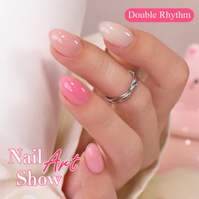 Double Rhythm styled hands in lifestyle setting showcasing natural soft-pink nails