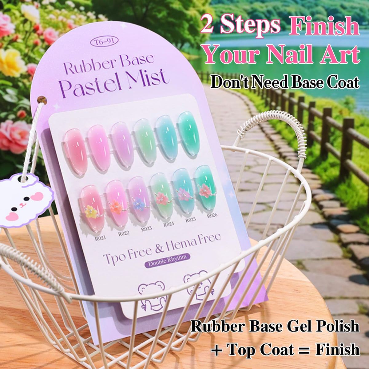 Double Rhythm lifestyle flatlay with manicure tools and pastel nails showing salon-quality outcome
