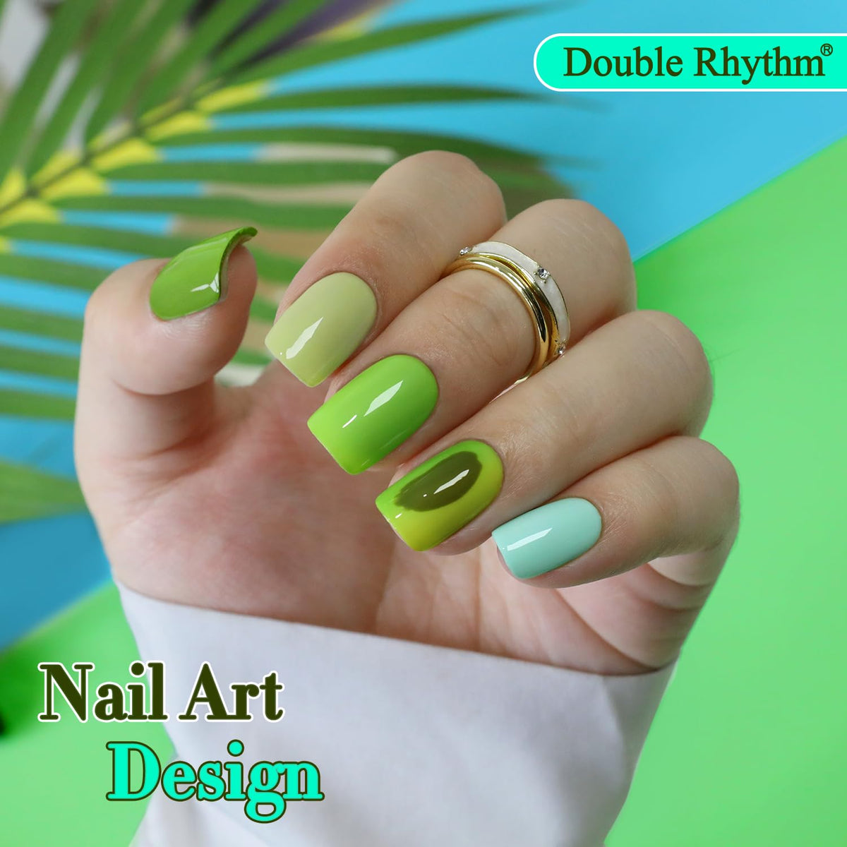 Double Rhythm finished manicure on nails showcasing salon-quality gloss