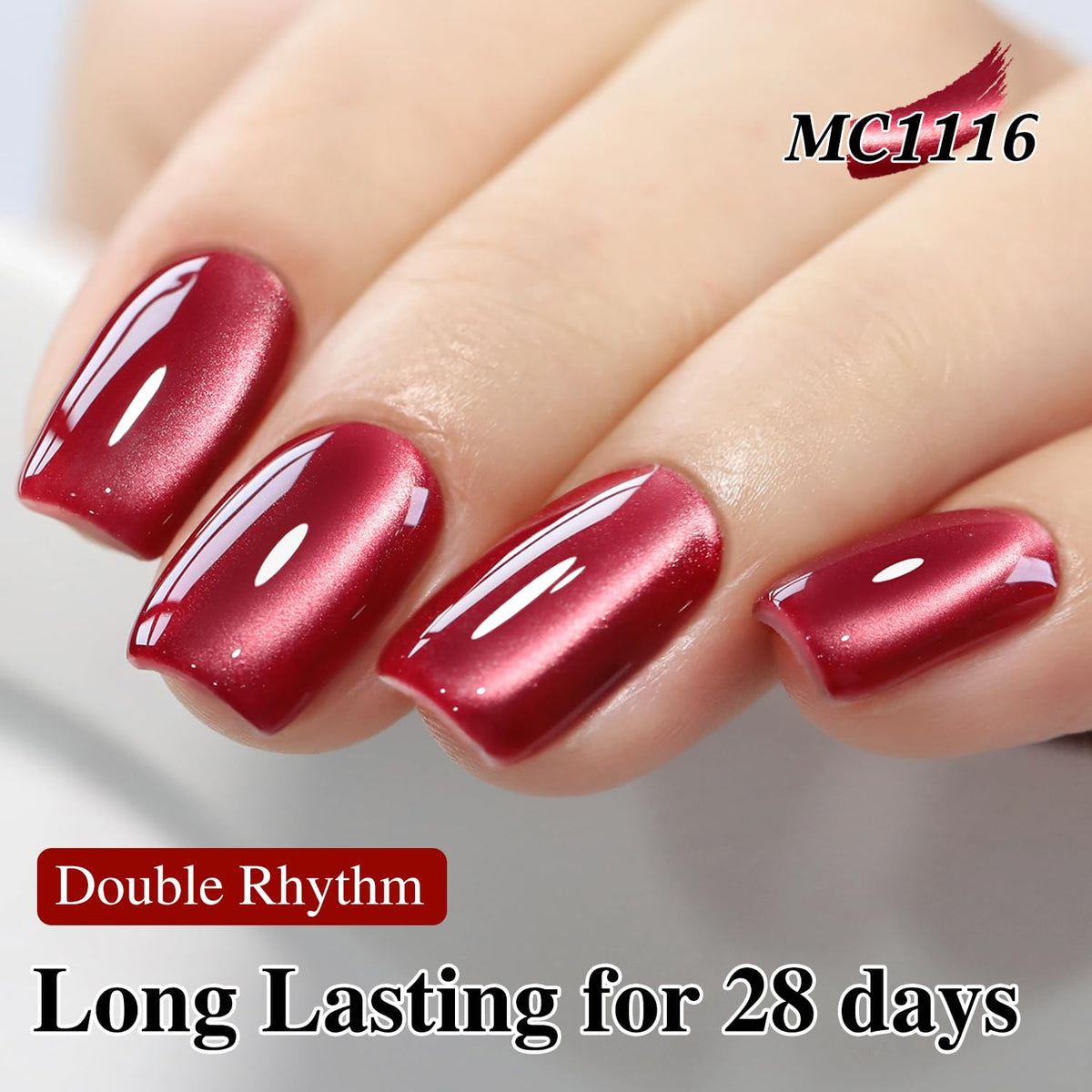 Double Rhythm nail art in use on model hand showing dramatic magnetic cat-eye effect