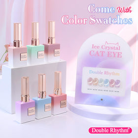 Double Rhythm nail swatch collection demonstrating the cat-eye shimmer and holographic reflectivity