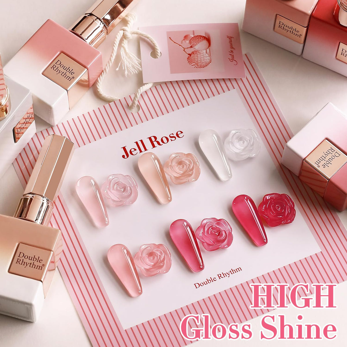 Double Rhythm nail swatch fan displaying six milky pink nude shades for color selection