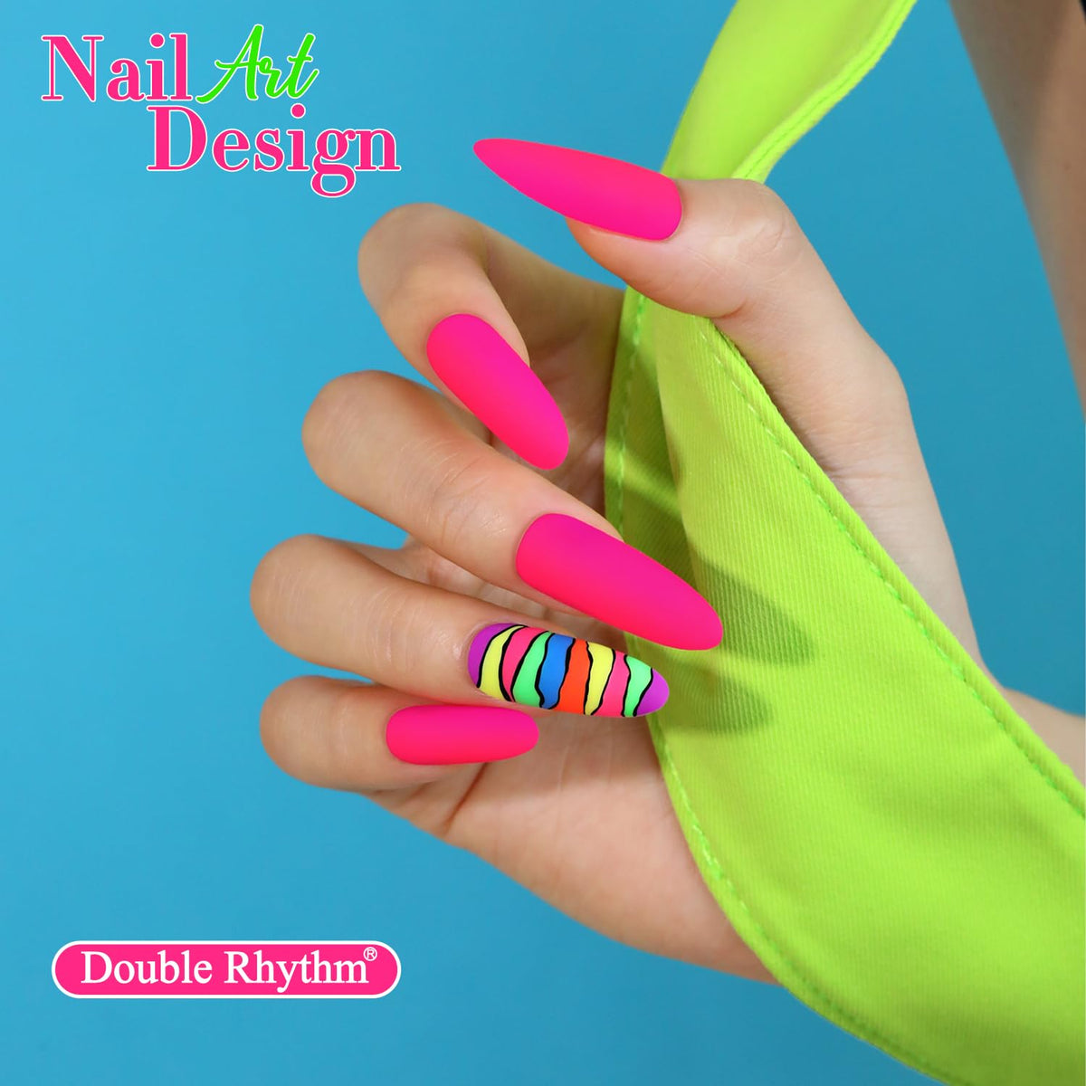 Double Rhythm manicure on fingers lifestyle shot showing brilliant neon nails and salon-quality shine