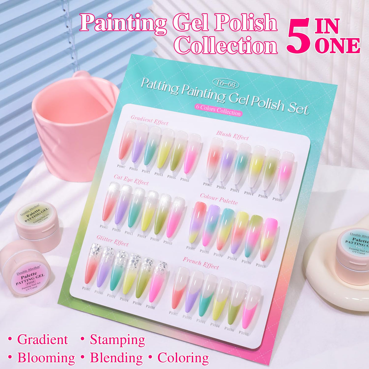 Double Rhythm open jars displaying six vivid patting gel colors for creativity