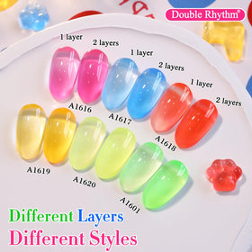 Double Rhythm polish swatched on nail tips showing vibrant jelly-neon finish benefit