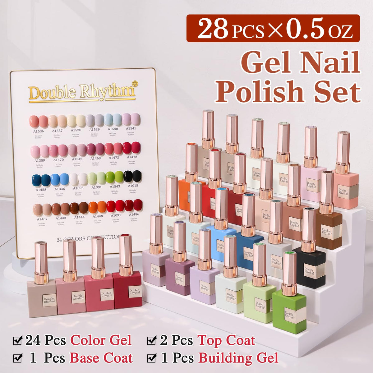 Double Rhythm 24 same-color bottles lined up illustrating shade range and selection ease