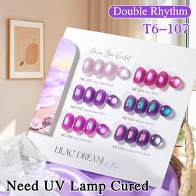 Double Rhythm row of six shades displaying blush to violet color comparison