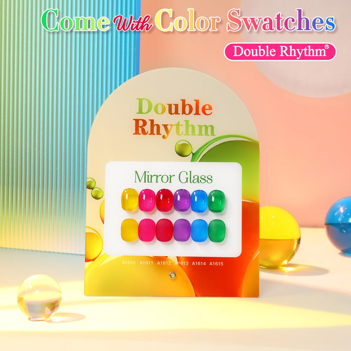 Double Rhythm six bottles arranged to display color range and cohesive palette for creative manicures