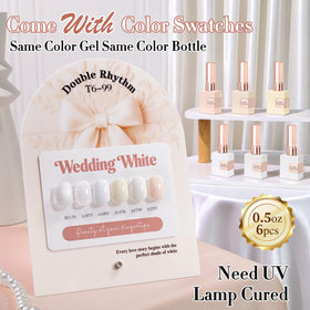 Double Rhythm six bottles lined up showing color range for bridal looks
