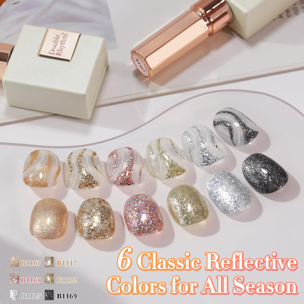 Double Rhythm color swatches on display board, helps pick the right glitter