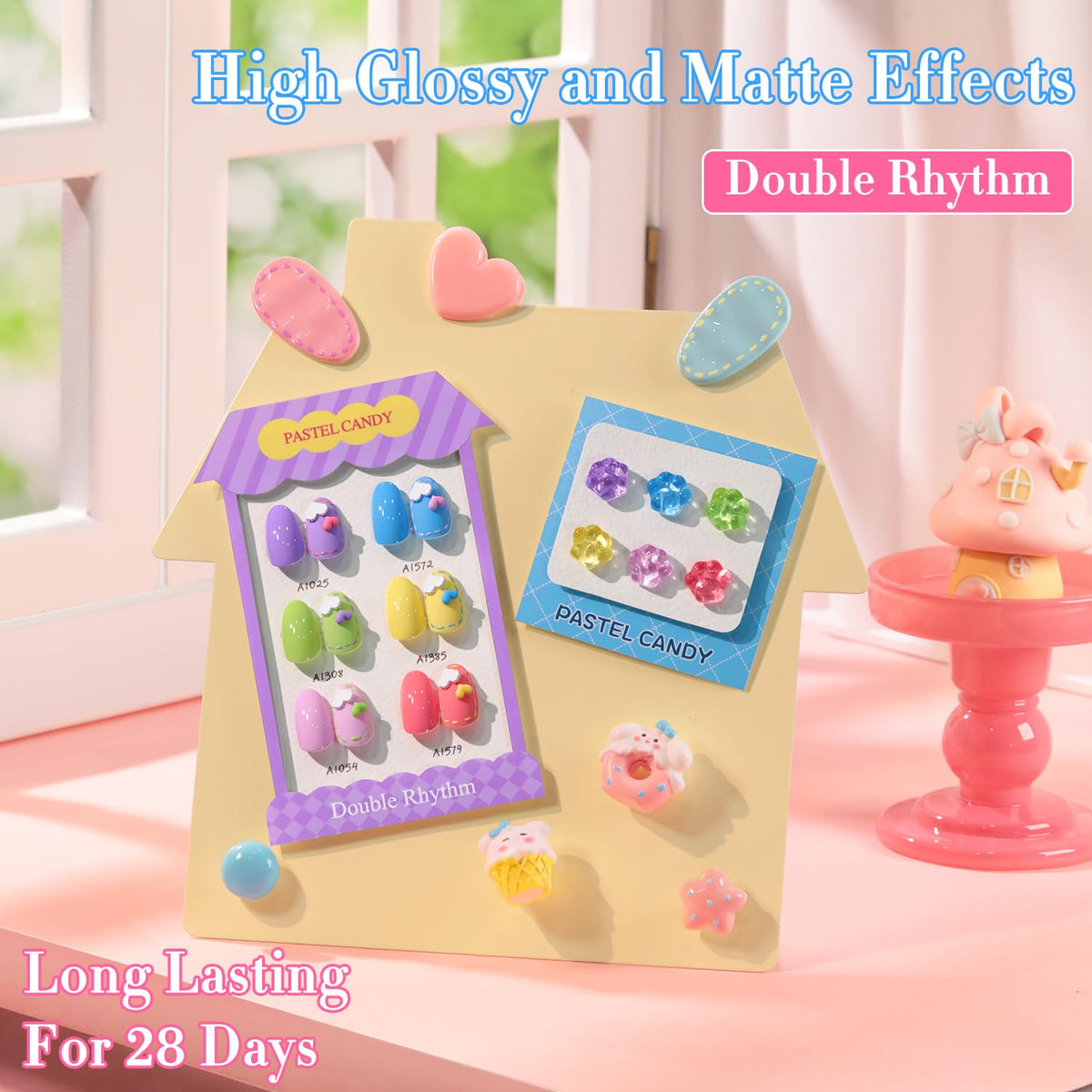 Double Rhythm color swatches on nail tips, demonstrating color range benefit