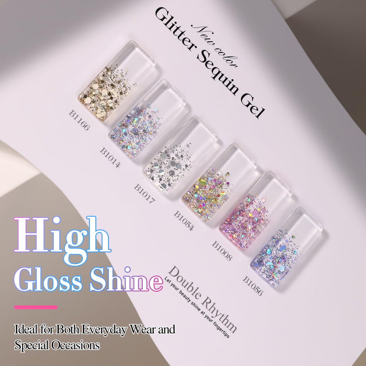 Double Rhythm glitter texture swatch showing reflective shimmer and high shine