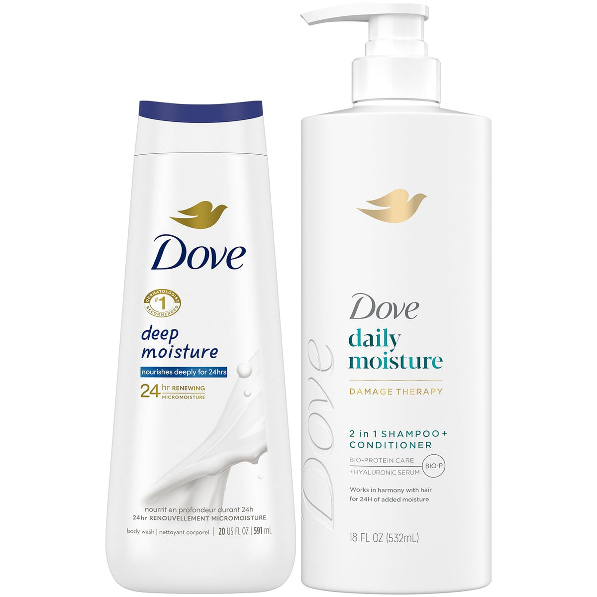 Dove 2-in-1 front packaging showing brand and benefits for quick use