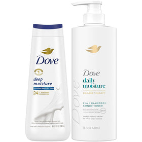 Dove 2-in-1 front packaging showing brand and benefits for quick use