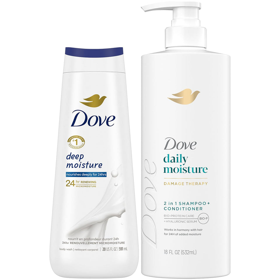 Dove 2-in-1 front packaging showing brand and benefits for quick use