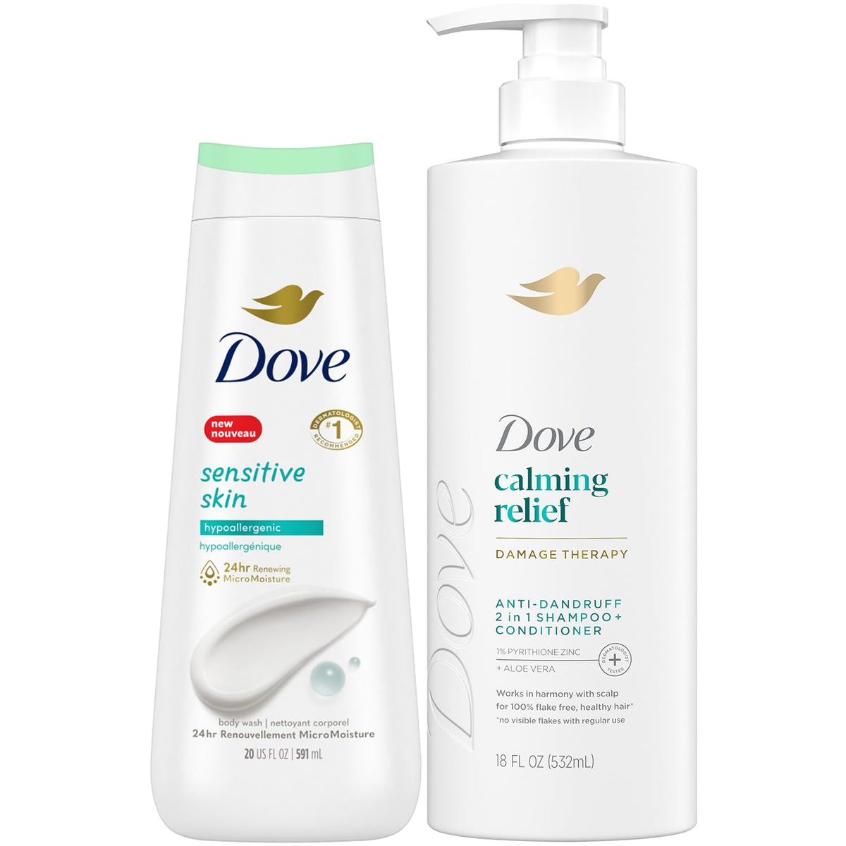 Dove 2-in-1 front bottle showing calming relief and benefit for flake control