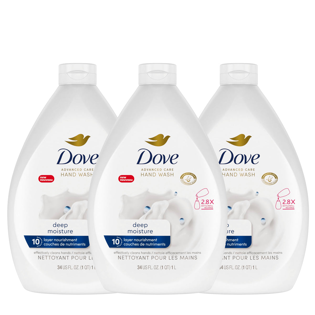 Dove front packaging showing three refill bottles and value savings benefit