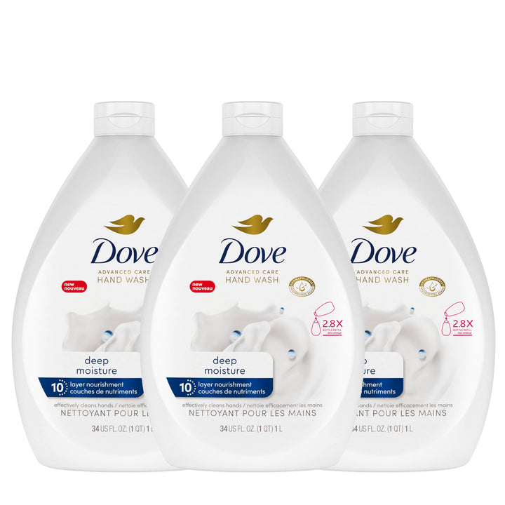 Dove front packaging showing three refill bottles and value savings benefit