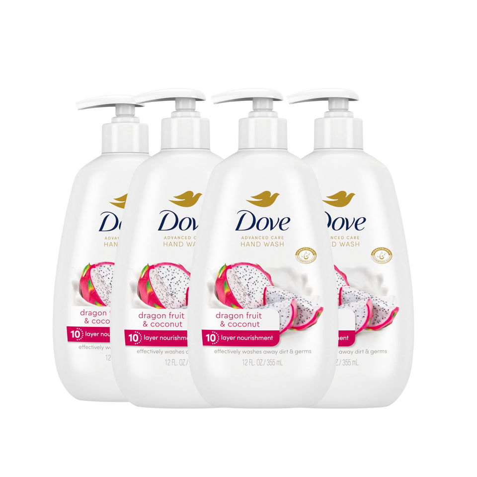 Dove front packaging showing Dragon Fruit & Coconut scent and benefits