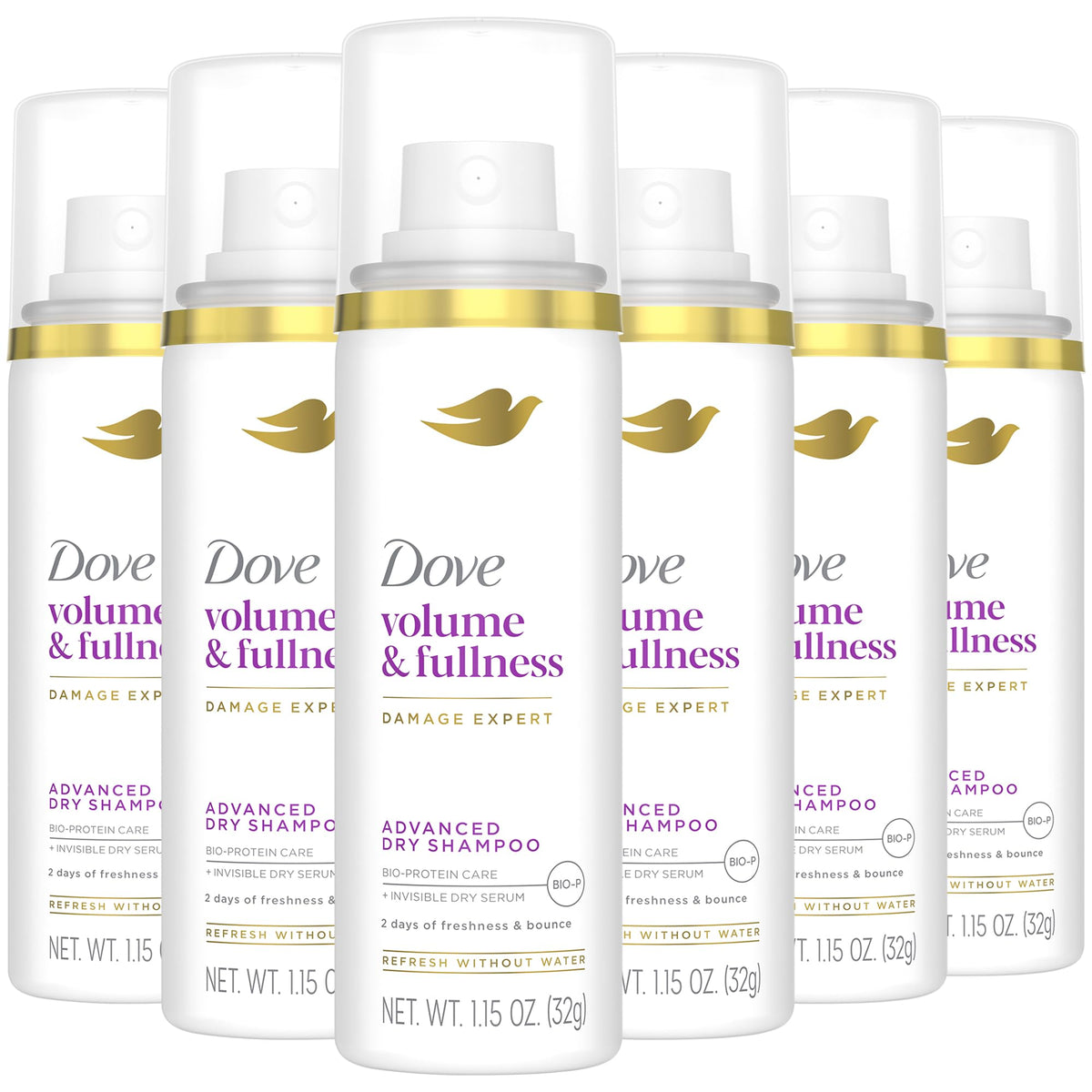 Dove Advanced dry shampoo front packaging shows six travel cans and product benefit