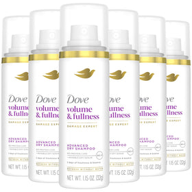 Dove Advanced dry shampoo front packaging shows six travel cans and product benefit