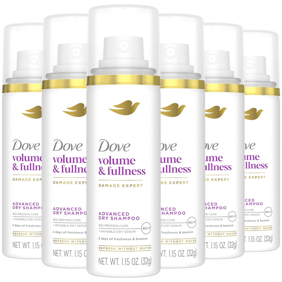 Dove Advanced dry shampoo front packaging shows six travel cans and product benefit
