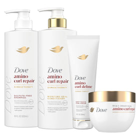 Dove front packaging showing shampoo conditioner and mask, highlighting complete regimen