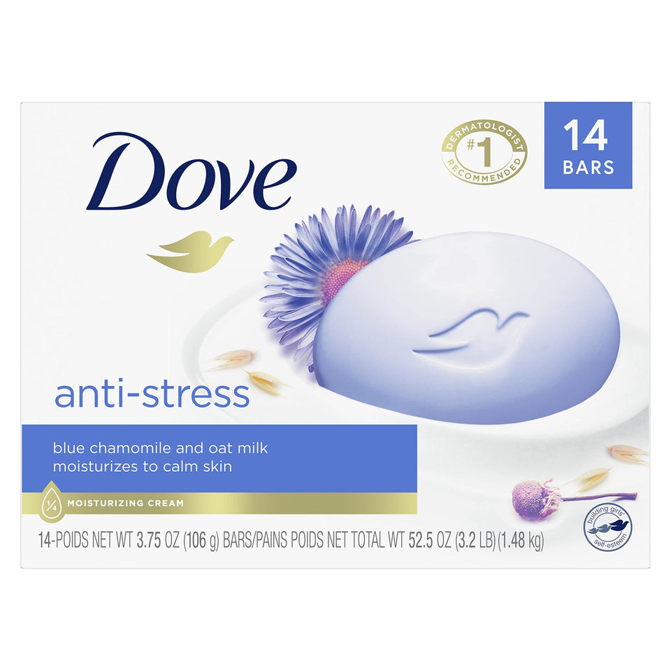 Dove beauty bar front packaging showing calming blue chamomile scent and moisturizing benefit