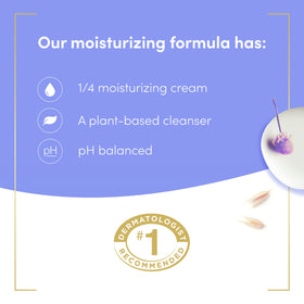 Blue chamomile and oat milk visual beside Dove bar conveying calming fragrance