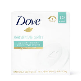 Dove front packaging showing ten unscented bars and benefits