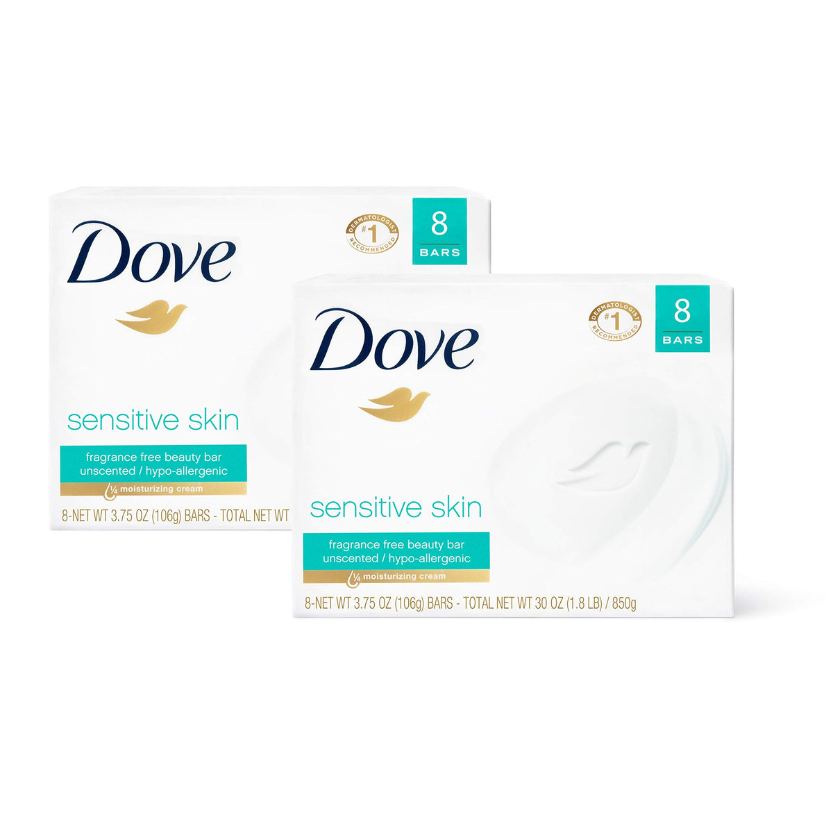 Dove beauty bar front packaging showing unscented formula benefit