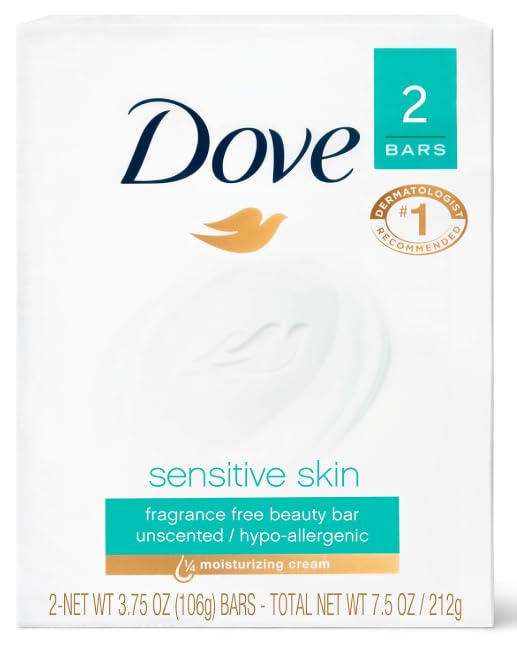 Dove Beauty Bar sensitive packaging highlighting gentle fragrance-free moisturizing