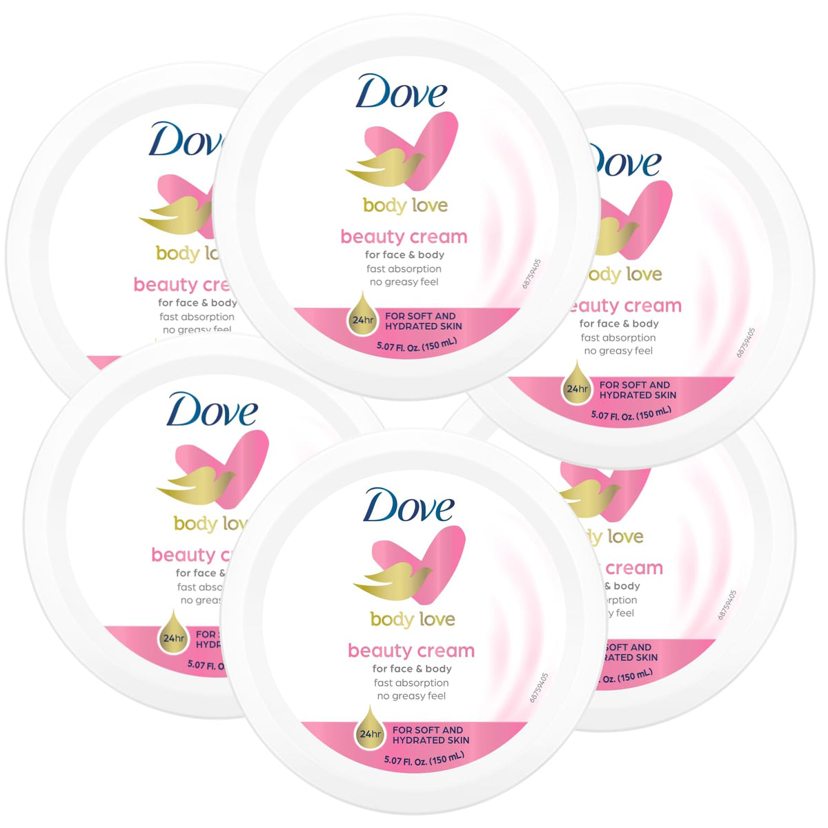 Dove front view of six jars showing packaging and portability benefits