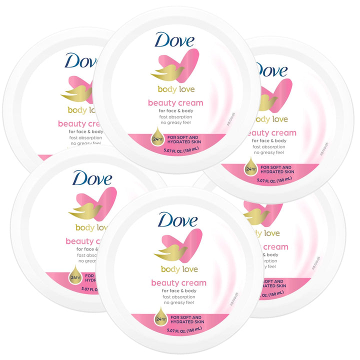 Dove front view of six jars showing packaging and portability benefits