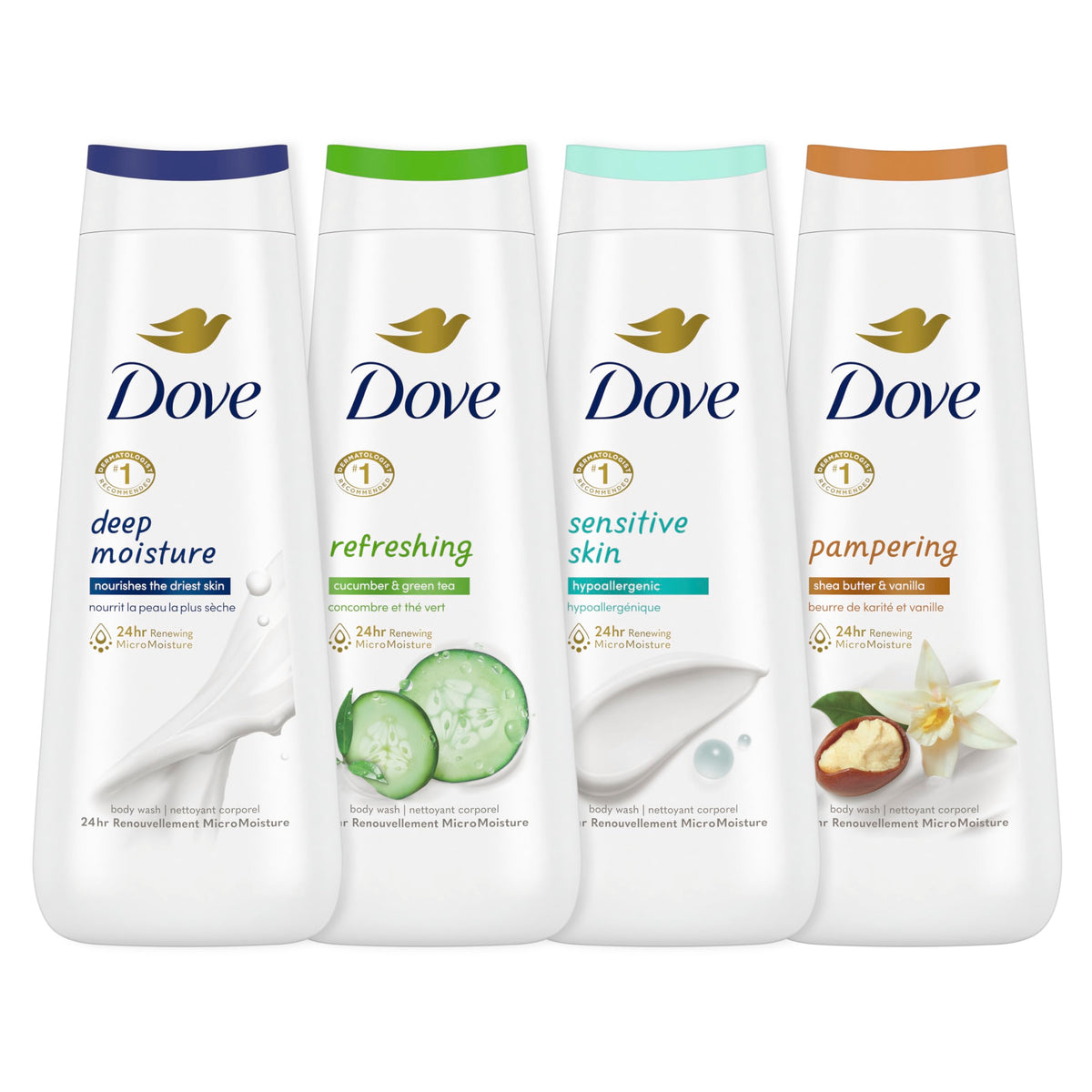 Dove 24hr Lotion Collection front pack showing four 20 oz bottles and variety