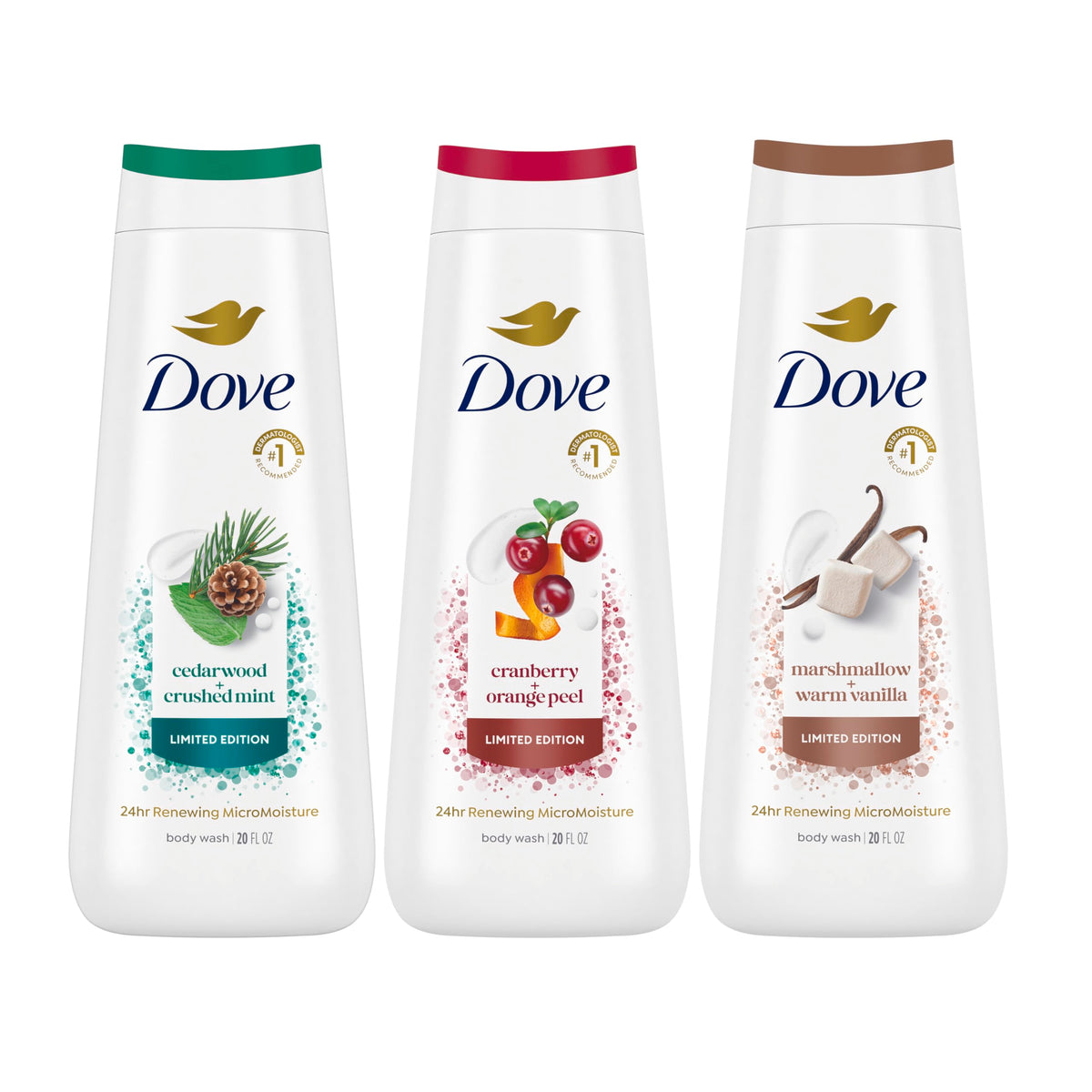 Dove bottle front packaging showing product and calming benefit