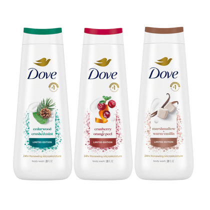 Dove bottle front packaging showing product and calming benefit