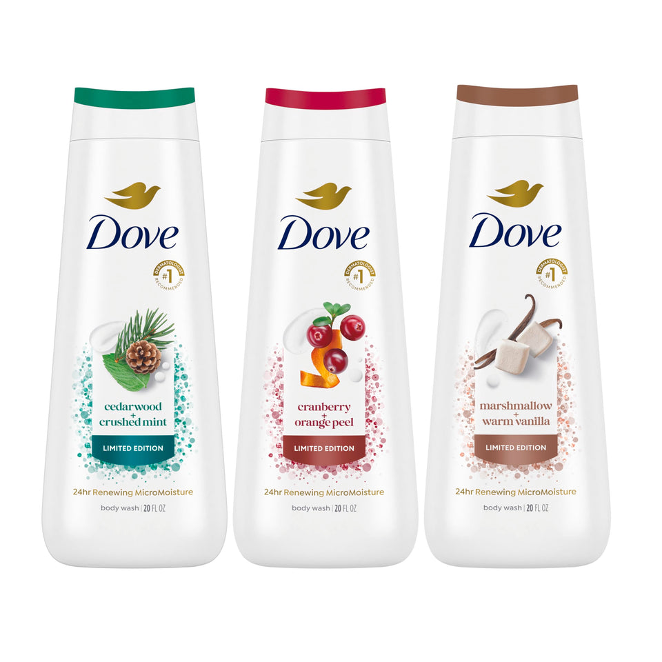 Dove bottle front packaging showing product and calming benefit